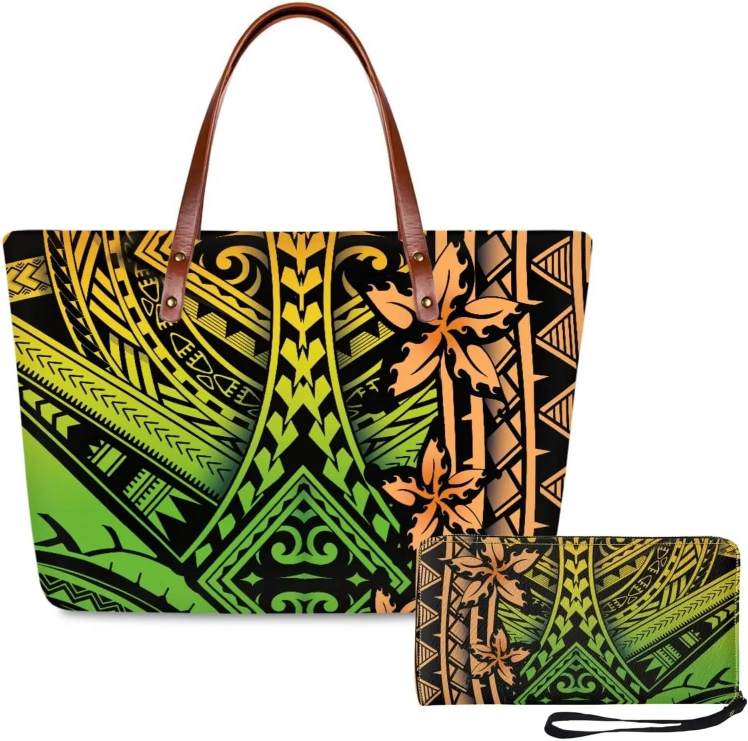PU Leather Purse Samoan Polynesian Tribal Large Capacity Tote Bag Shoulder Bags Wallet Set 2pcs Shoulder Bags