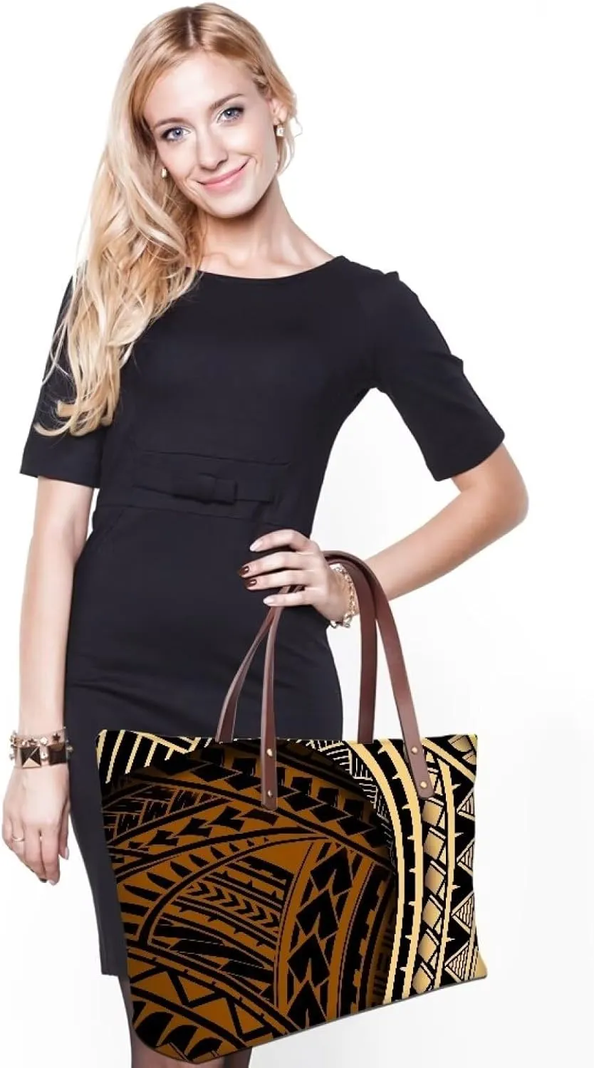 PU Leather Purse Samoan Polynesian Tribal Large Capacity Tote Bag Shoulder Bags Wallet Set 2pcs Shoulder Bags