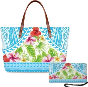 PU Leather Purse Samoan Polynesian Tribal Large Capacity Tote Bag Shoulder Bags Wallet Set 2pcs Shoulder Bags