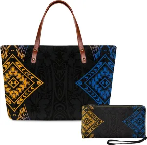 PU Leather Purse Samoan Polynesian Tribal Large Capacity Tote Bag Shoulder Bags Wallet Set 2pcs Shoulder Bags