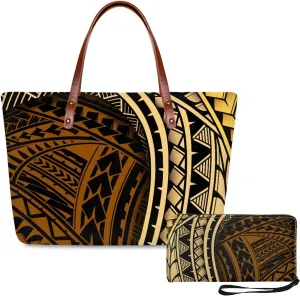 PU Leather Purse Samoan Polynesian Tribal Large Capacity Tote Bag Shoulder Bags Wallet Set 2pcs Shoulder Bags