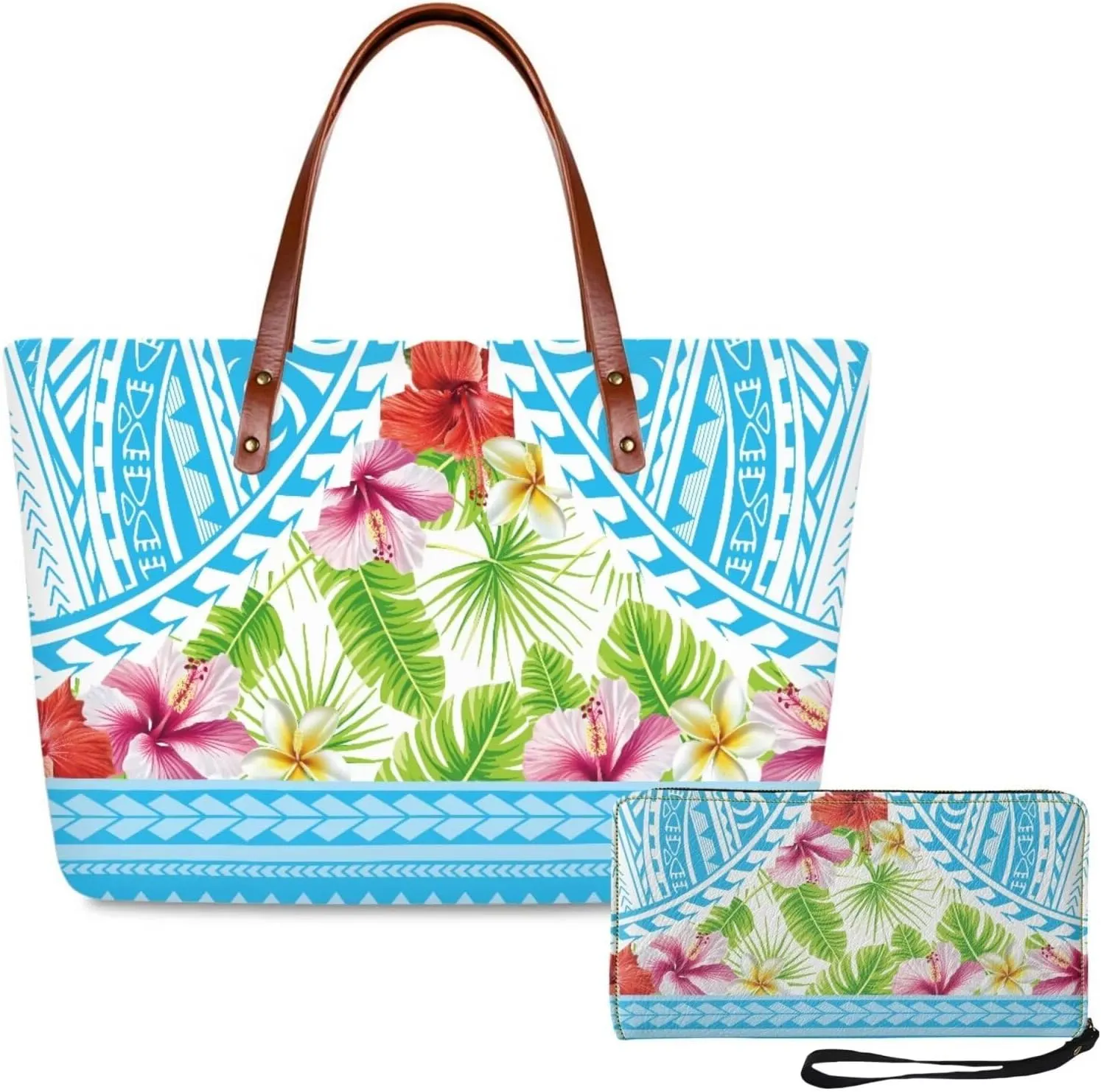 PU Leather Purse Samoan Polynesian Tribal Large Capacity Tote Bag Shoulder Bags Wallet Set 2pcs Shoulder Bags