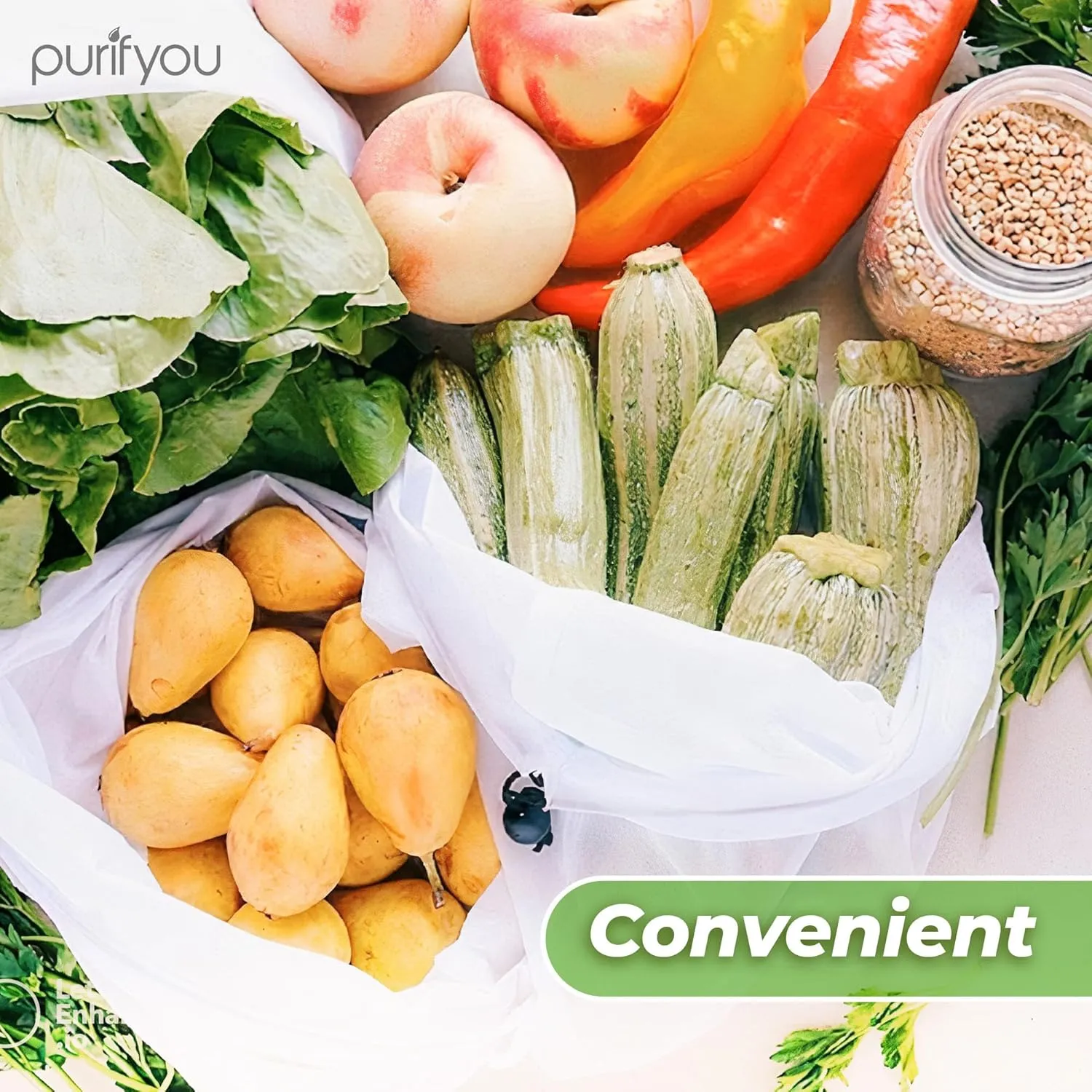 purifyou Set of 9 Reusable Produce Bags, Heavy Duty Washable Mesh Grocery Bag with Drawstring, Ideal for Farmers Market, Beach, and Refrigerator Storage (Extra Large, Large, Small)