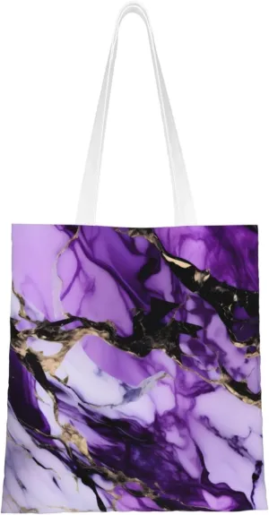 Purple Marble Print Canvas Tote Bag Reusable Shoulder Shopping Bags For Daily Use Shopping Travel