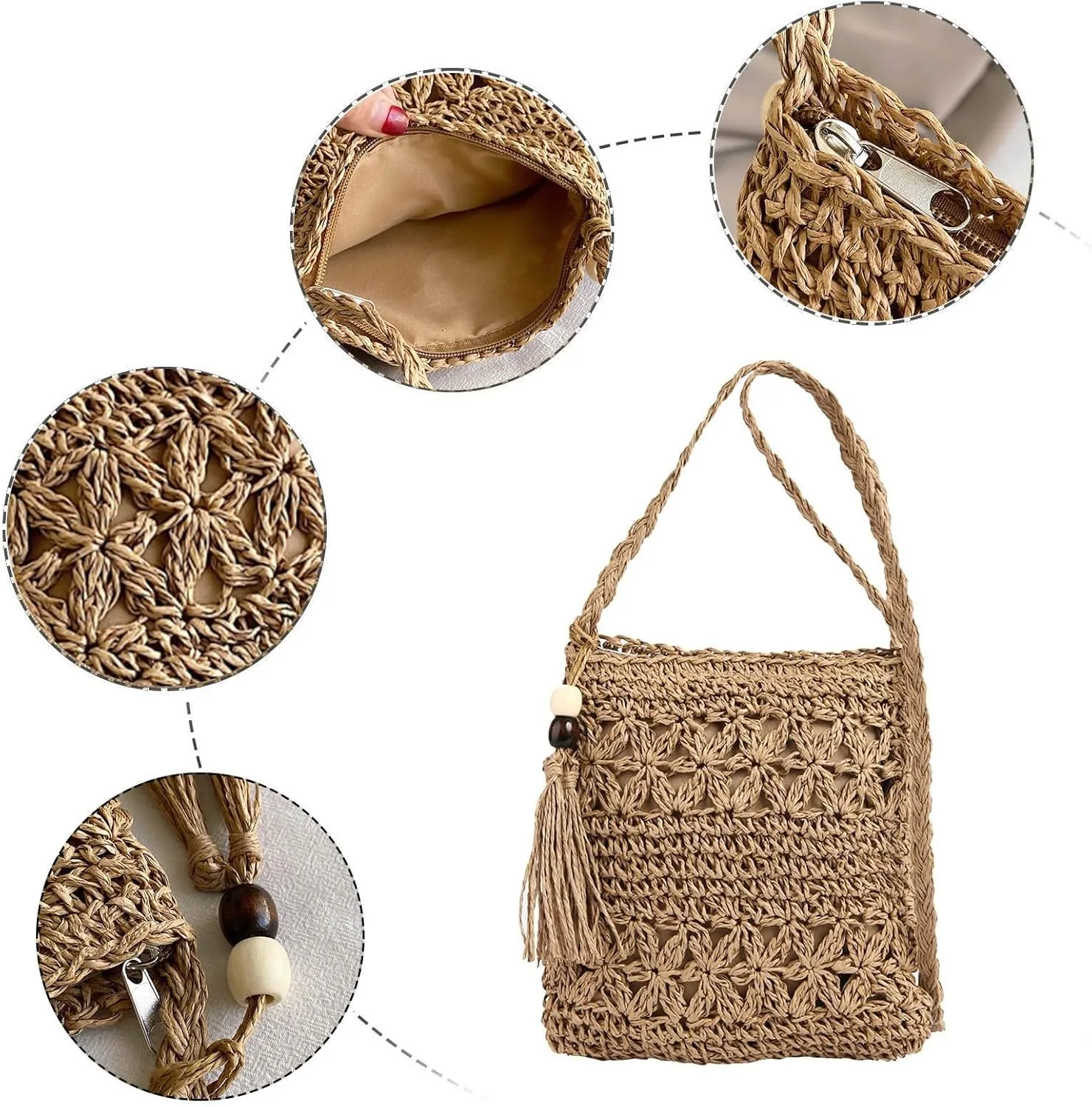 Purses for Women Crossbody Anti Theft Beach Tote Shoulder Bags for Summer Vacation Travel Bag with Zipper(Brown)