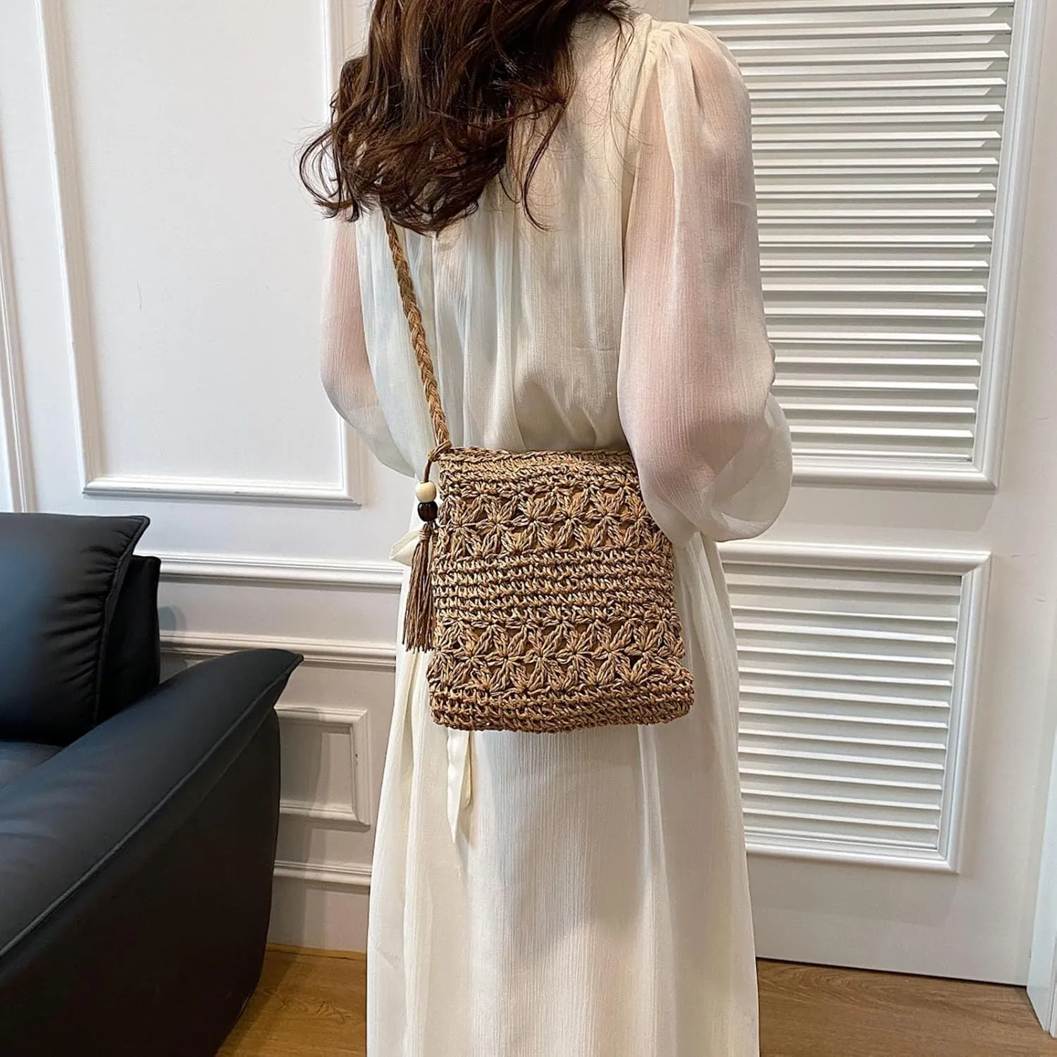 Purses for Women Crossbody Anti Theft Beach Tote Shoulder Bags for Summer Vacation Travel Bag with Zipper(Brown)