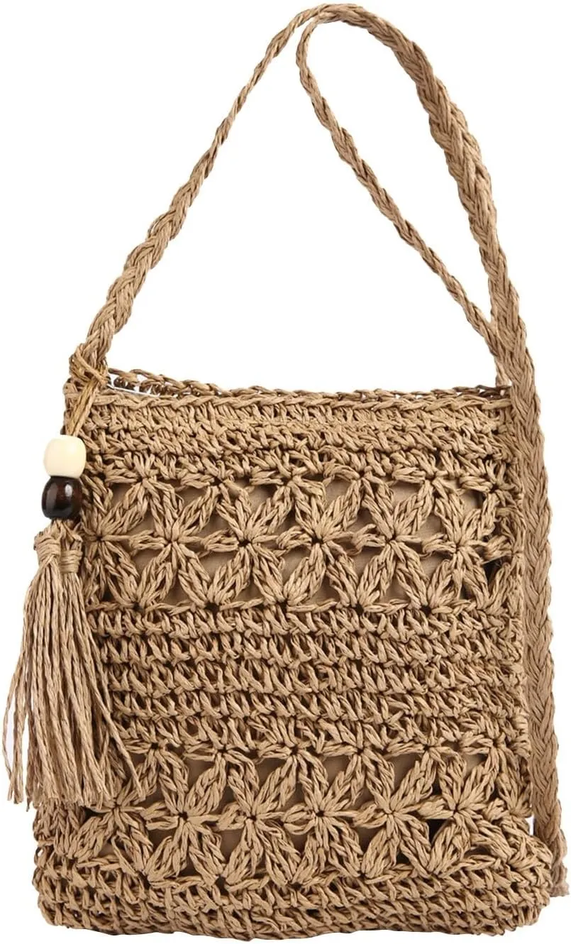 Purses for Women Crossbody Anti Theft Beach Tote Shoulder Bags for Summer Vacation Travel Bag with Zipper(Brown)