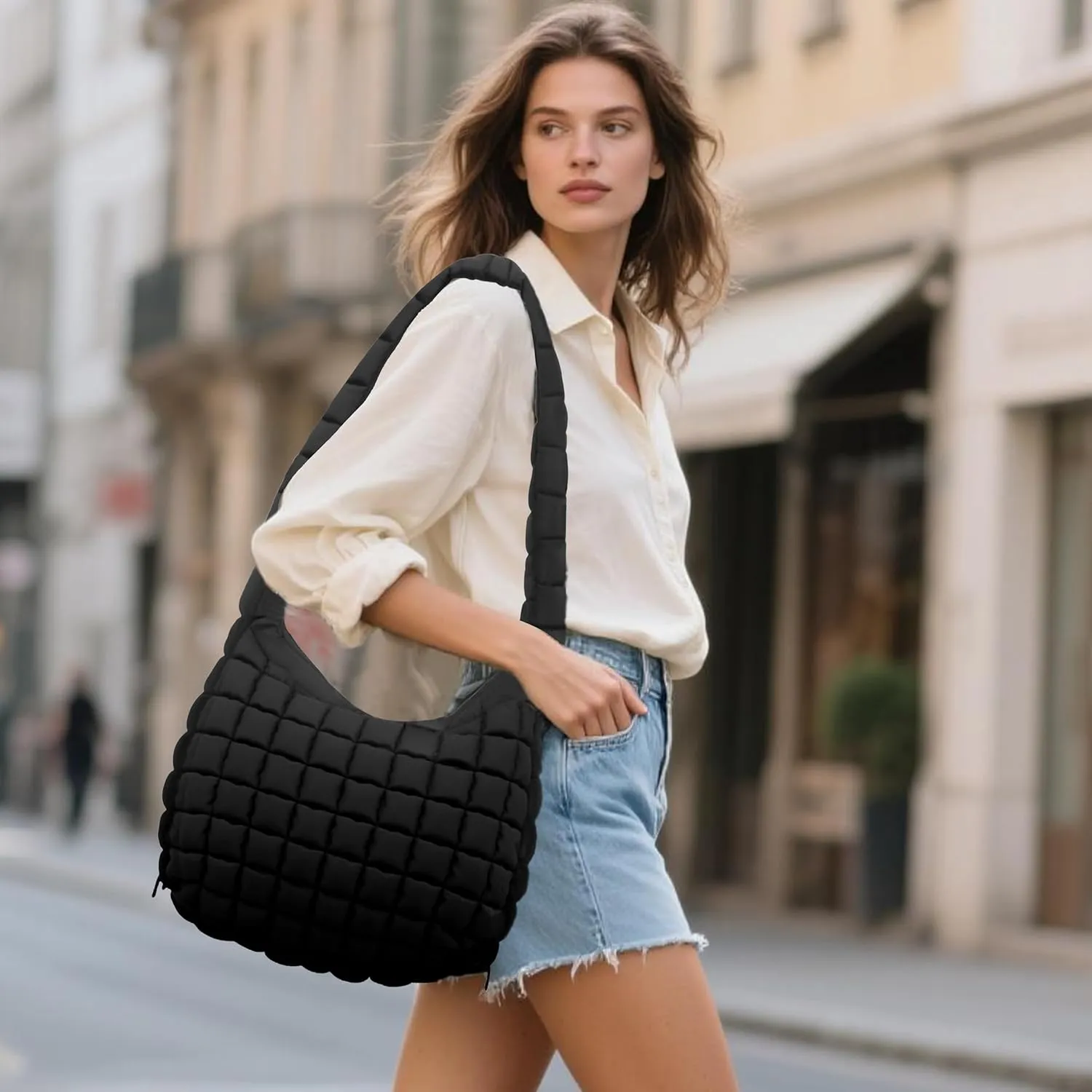 Quilted Puffer Tote Bag for Women, Lightweight Nylon Crossbody Bag Soft Carryall Hobo Puffy Large Shoulder Handbag for Girl
