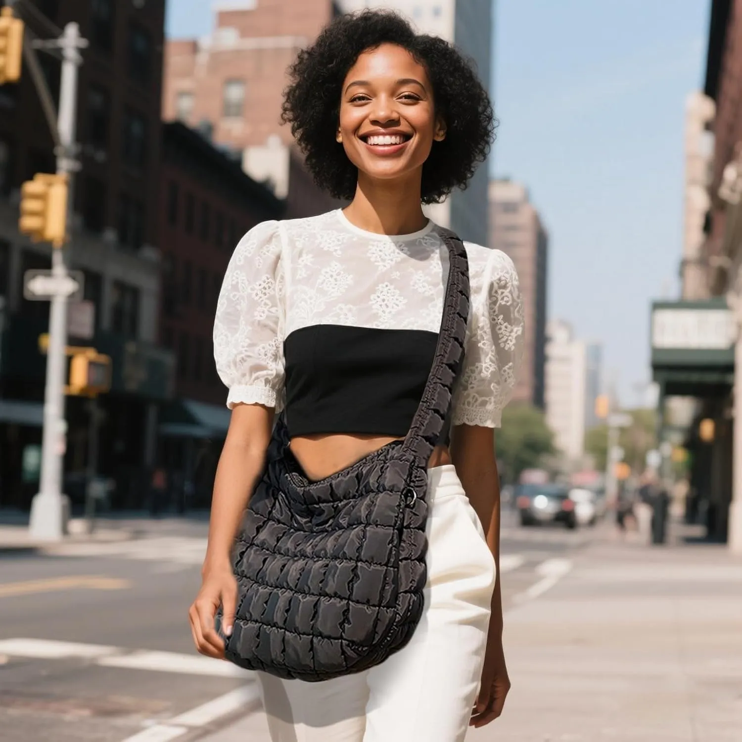 Quilted Puffer Tote Bag for Women, Lightweight Nylon Crossbody Bag Soft Carryall Hobo Puffy Large Shoulder Handbag for Girl