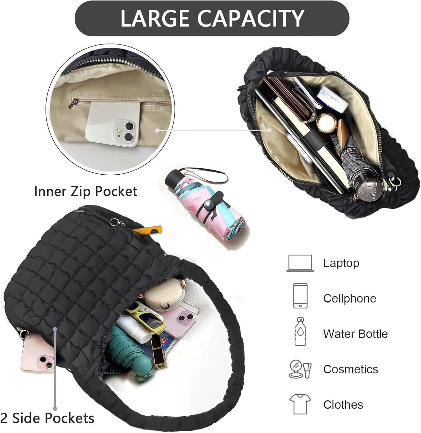 Quilted Puffer Tote Bag for Women, Lightweight Nylon Crossbody Bag Soft Carryall Hobo Puffy Large Shoulder Handbag for Girl