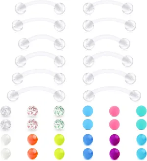 QWALIT 14g Plastic Industrial Barbell Earrings Pregnancy Belly Button Ring Nipple Tongue Rook Eyebrow Piercing Retainer Flexible Clear Curved Barbell Replacement Balls for Work Surgery