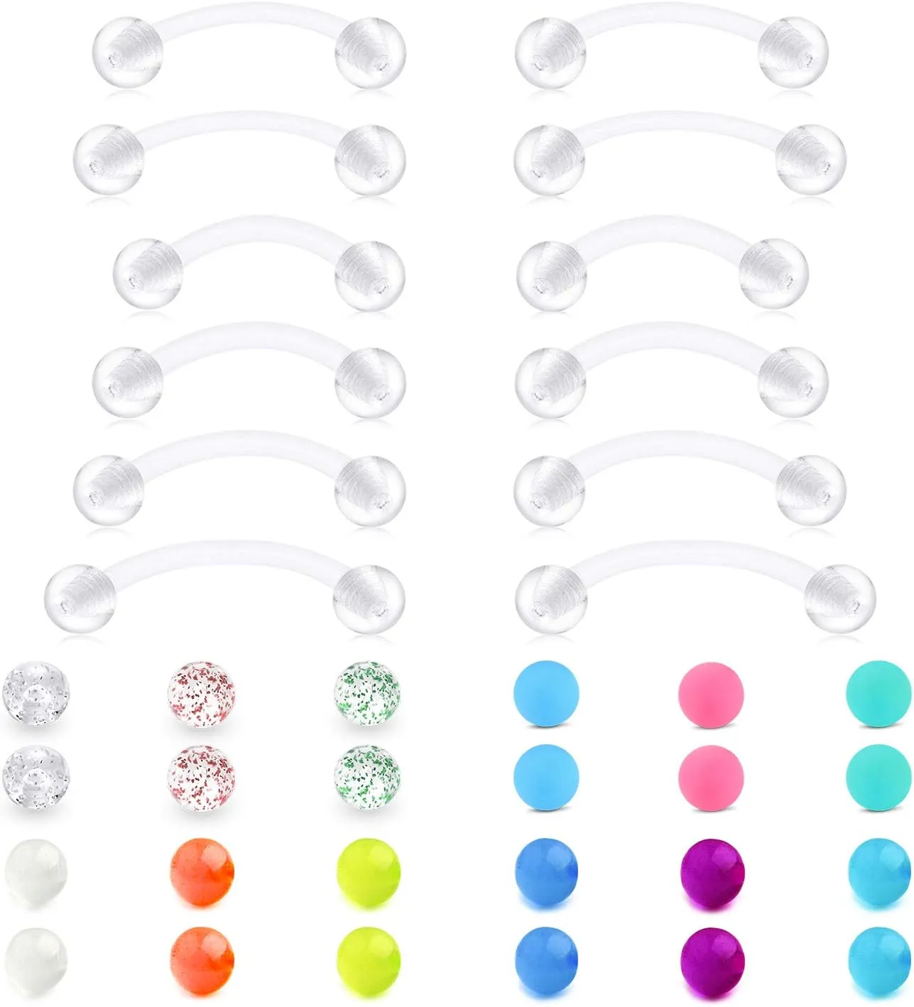 QWALIT 14g Plastic Industrial Barbell Earrings Pregnancy Belly Button Ring Nipple Tongue Rook Eyebrow Piercing Retainer Flexible Clear Curved Barbell Replacement Balls for Work Surgery
