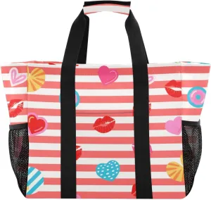 Red White Striped Heart Lip Summer Utility Bag And Tote Foldable Beach Bag Water Resistant Grocery Shopping Totes with Handles Laundry Totes