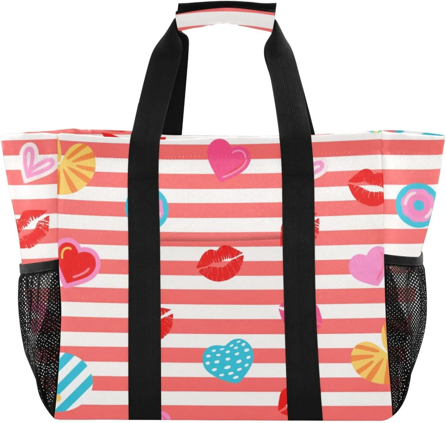 Red White Striped Heart Lip Summer Utility Bag And Tote Foldable Beach Bag Water Resistant Grocery Shopping Totes with Handles Laundry Totes