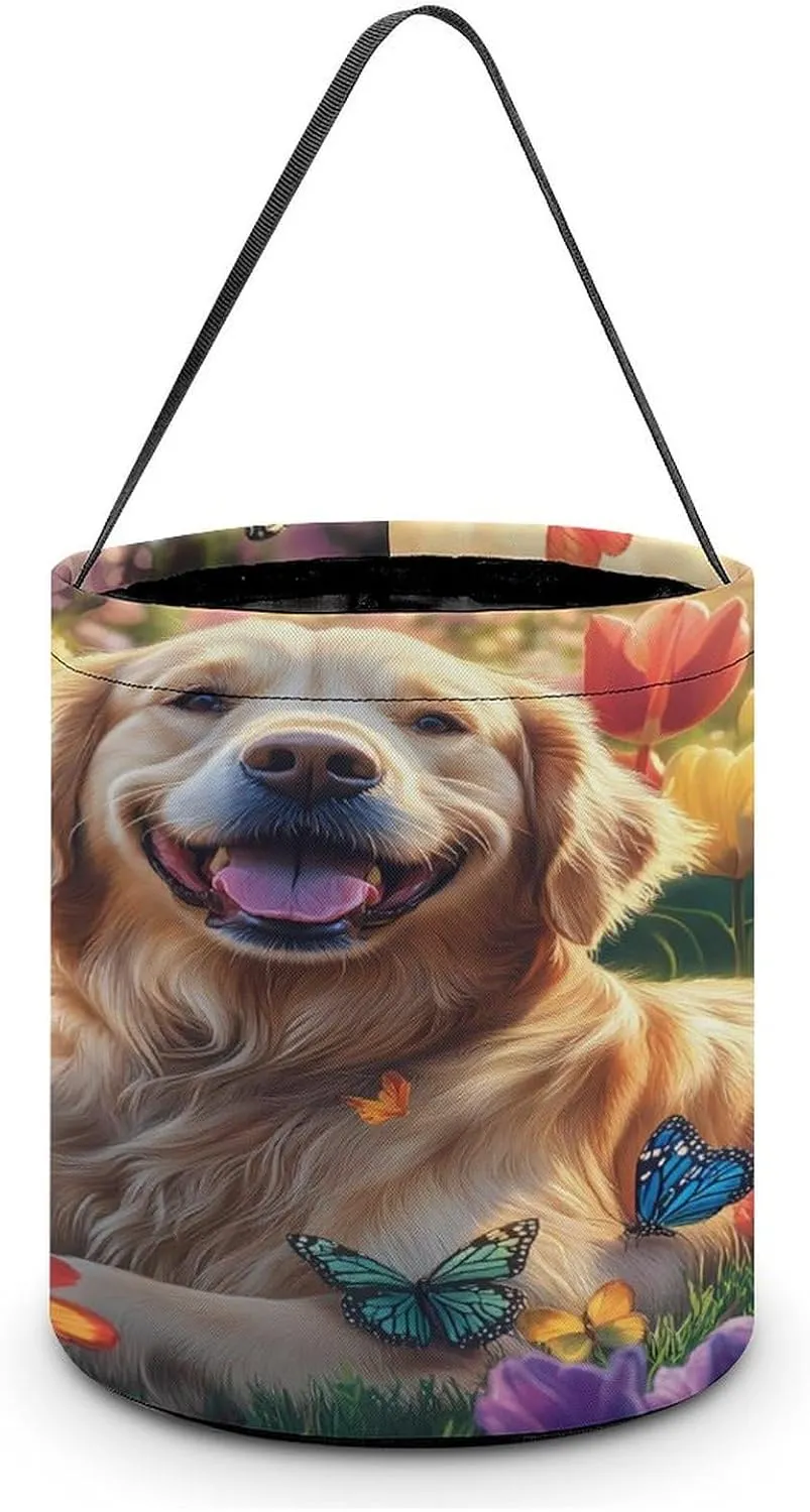 Retriever Sitting in Tulips Flower Halloween Candy Bag Candy Tote Bucket Gift Bags Party Supplies for Women Men