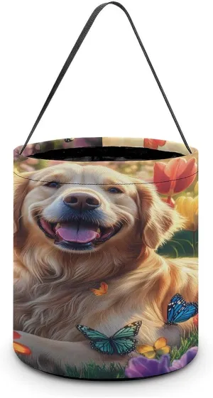Retriever Sitting in Tulips Flower Halloween Candy Bag Candy Tote Bucket Gift Bags Party Supplies for Women Men
