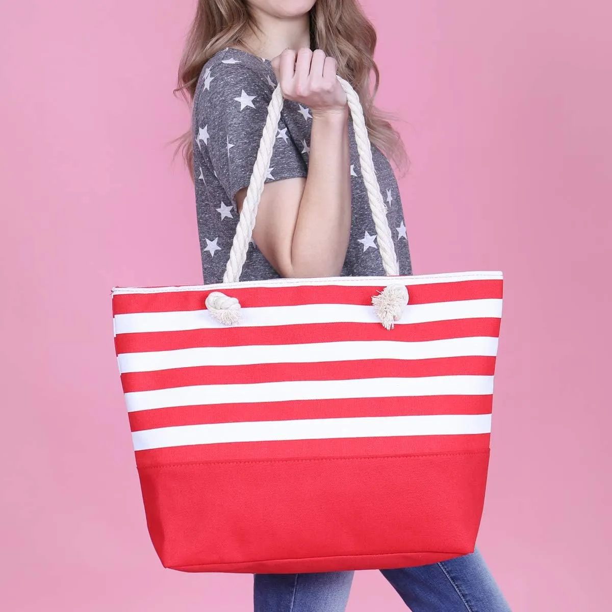RIAH FASHION Large Reusable Eco Shopper Beach Tote - Canvas Fabric Travel Shoulder Bag Plaid Stripe