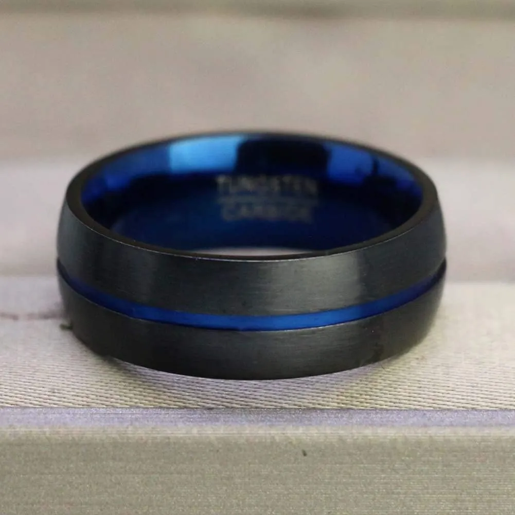 ringheart 2 Rings Luxury Couple Rings Black Gold Filled Princess Cut Blue Cz Womens Wedding Ring Sets Man Tungsten Wedding Band (Please Buy Two Rings for one Pair)