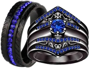 ringheart Couple Rings Black Gold Filled Round Cut Blue Cz Womens Wedding Ring Sets Tire Design Titanium Man Wedding BandPlease Buy Two Rings for one Pair