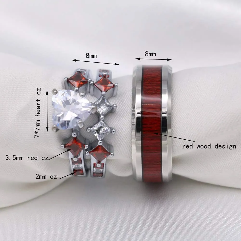 ringheart Couple Rings White Gold Filled Heart cut Blue Cz Womens Wedding Ring Sets Stainless Steel Men Wedding Band