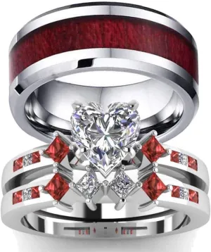 ringheart Couple Rings White Gold Filled Heart cut Blue Cz Womens Wedding Ring Sets Stainless Steel Men Wedding Band