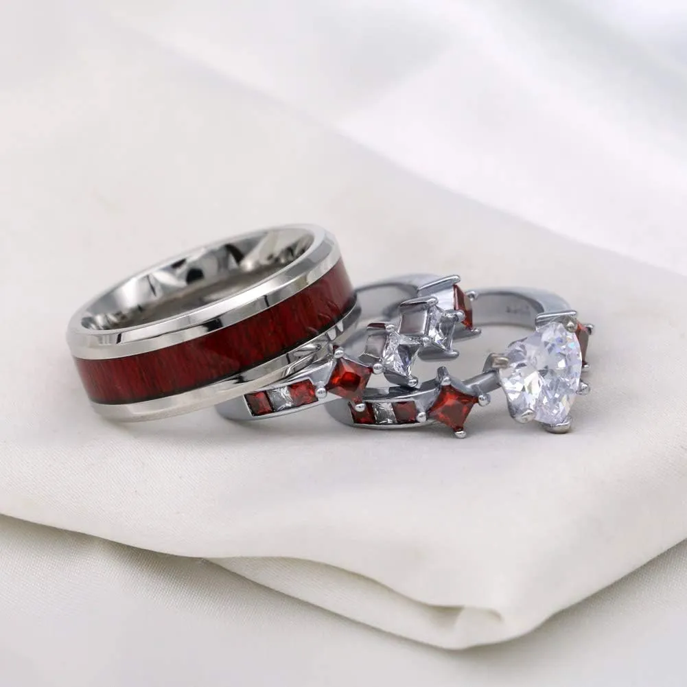 ringheart Couple Rings White Gold Filled Heart cut Blue Cz Womens Wedding Ring Sets Stainless Steel Men Wedding Band