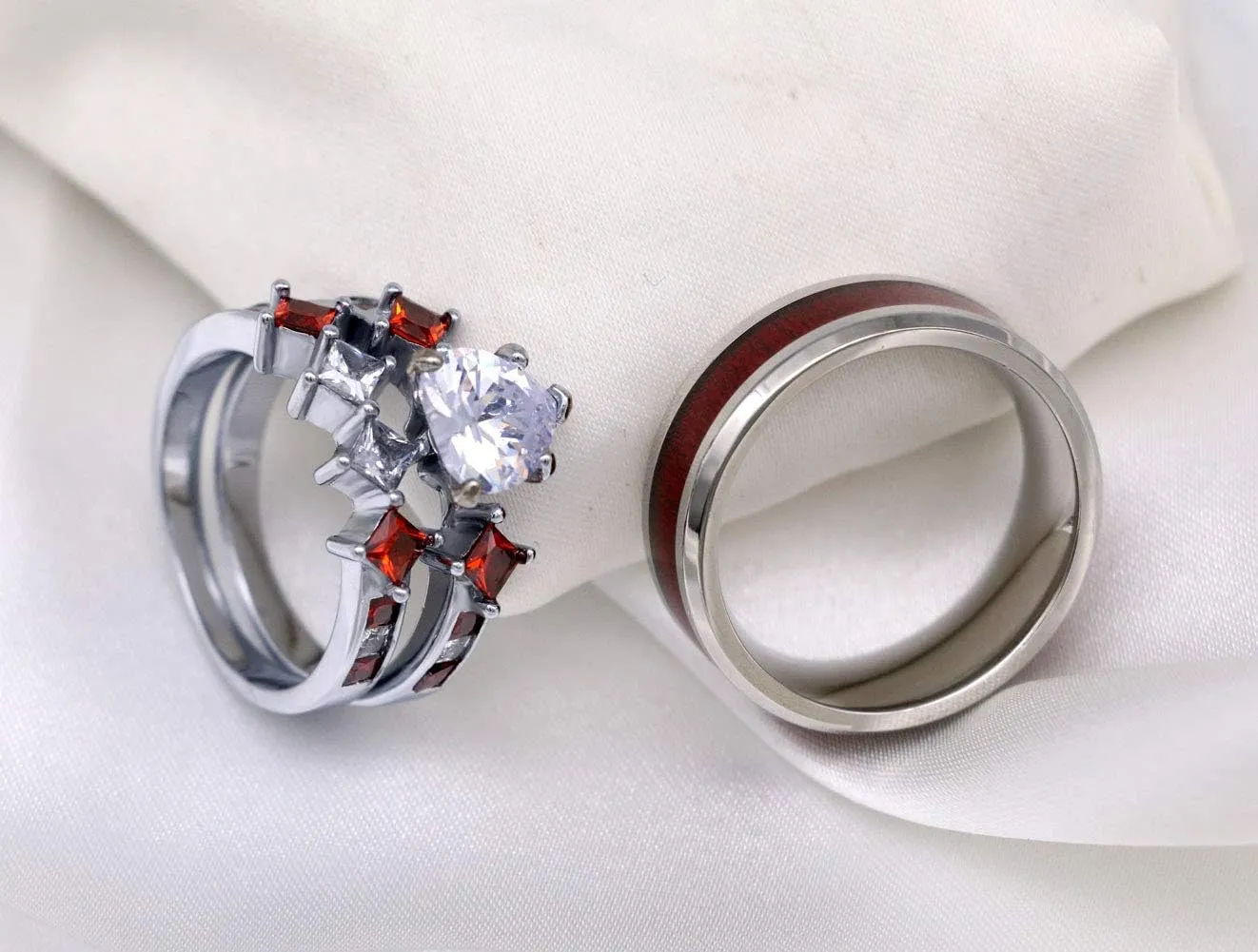 ringheart Couple Rings White Gold Filled Heart cut Blue Cz Womens Wedding Ring Sets Stainless Steel Men Wedding Band