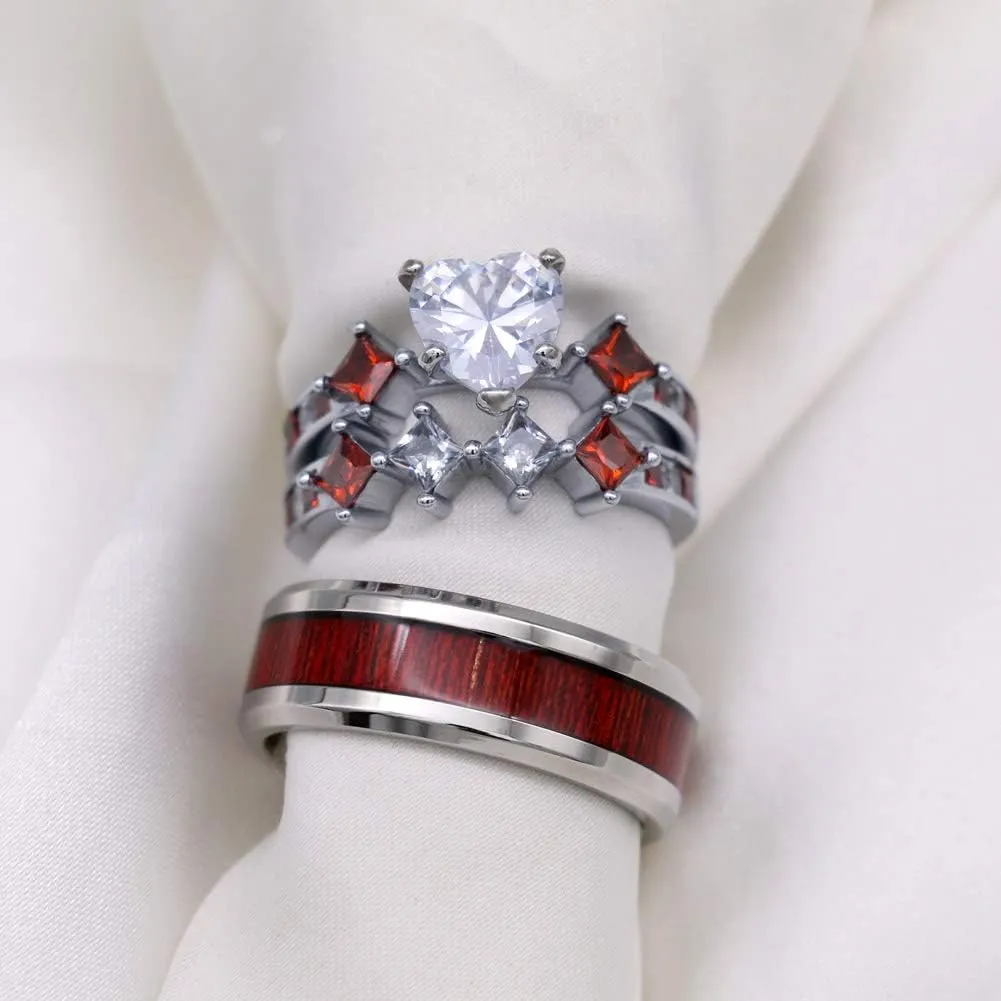 ringheart Couple Rings White Gold Filled Heart cut Blue Cz Womens Wedding Ring Sets Stainless Steel Men Wedding Band