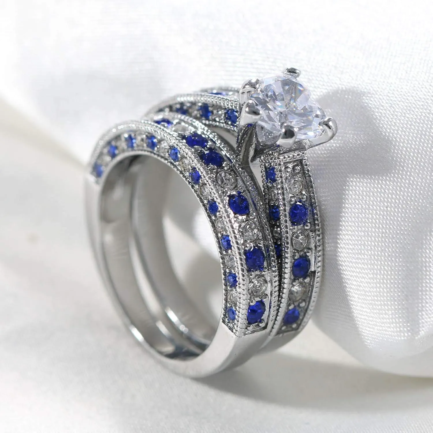 ringheart Couple Rings White Gold Filled Heart Cut Cz Blue Rhinestone Womens Wedding Ring Sets Tungsten Man Ring Band
