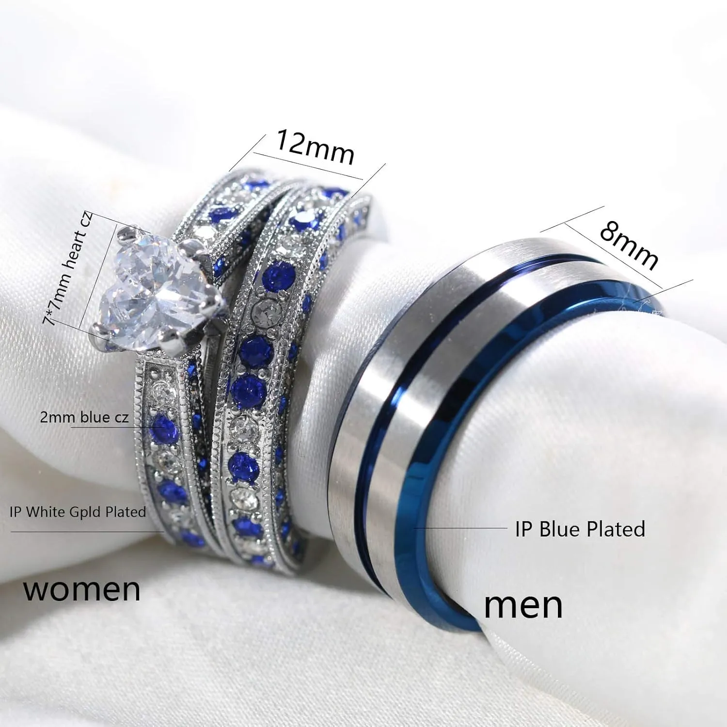 ringheart Couple Rings White Gold Filled Heart Cut Cz Blue Rhinestone Womens Wedding Ring Sets Tungsten Man Ring Band