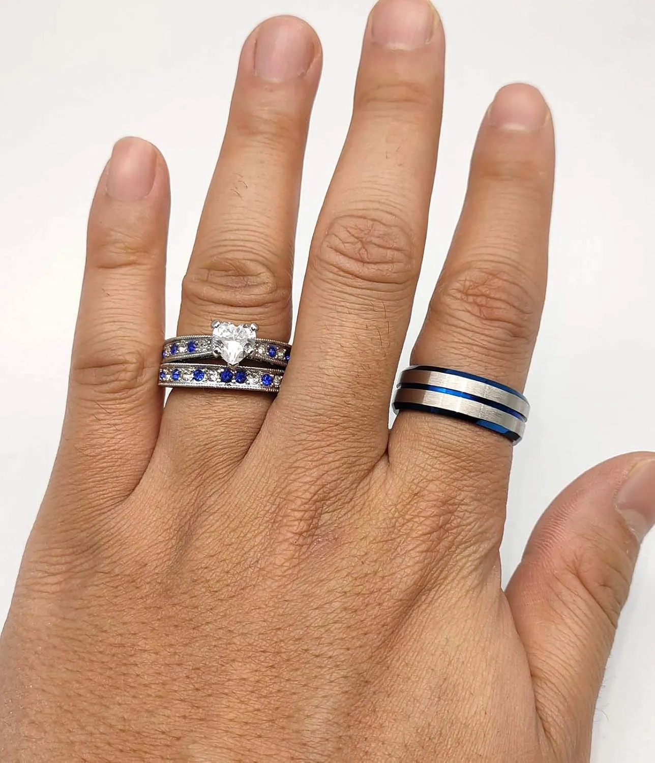 ringheart Couple Rings White Gold Filled Heart Cut Cz Blue Rhinestone Womens Wedding Ring Sets Tungsten Man Ring Band