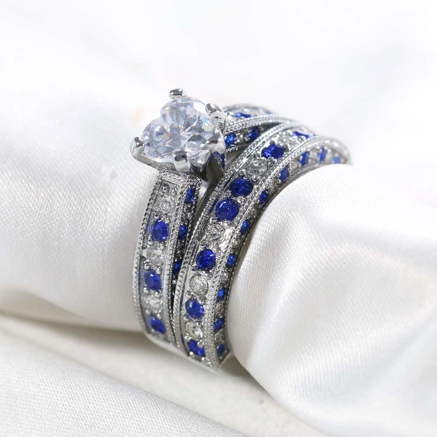 ringheart Couple Rings White Gold Filled Heart Cut Cz Blue Rhinestone Womens Wedding Ring Sets Tungsten Man Ring Band