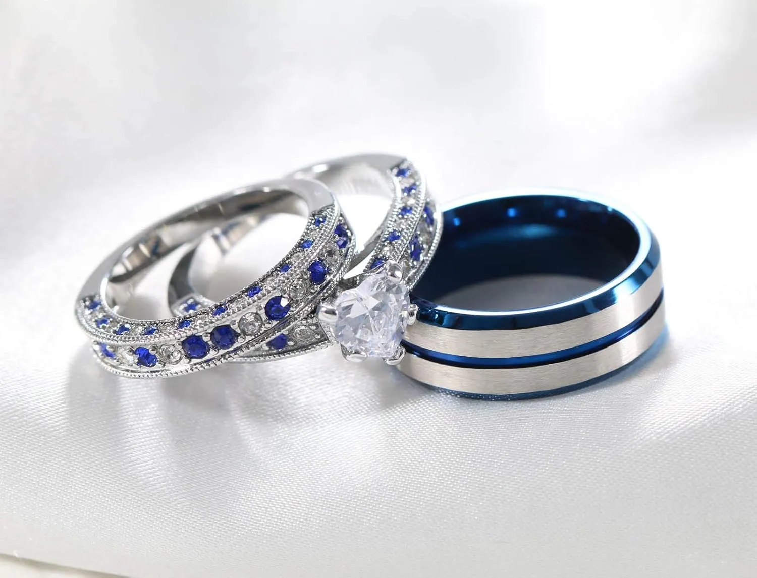 ringheart Couple Rings White Gold Filled Heart Cut Cz Blue Rhinestone Womens Wedding Ring Sets Tungsten Man Ring Band