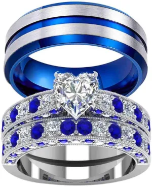 ringheart Couple Rings White Gold Filled Heart Cut Cz Blue Rhinestone Womens Wedding Ring Sets Tungsten Man Ring Band