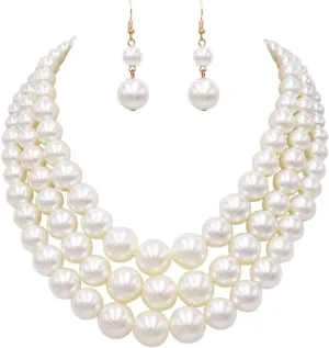Rosemarie & Jubalee Women's 3 Colorful Multi Strands Simulated Pearl Necklace And Earrings Jewelry Gift Set, 18" 3" Extender