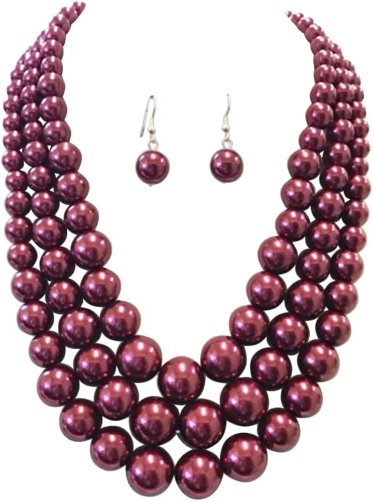 Rosemarie & Jubalee Women's 3 Colorful Multi Strands Simulated Pearl Necklace And Earrings Jewelry Gift Set, 18" 3" Extender
