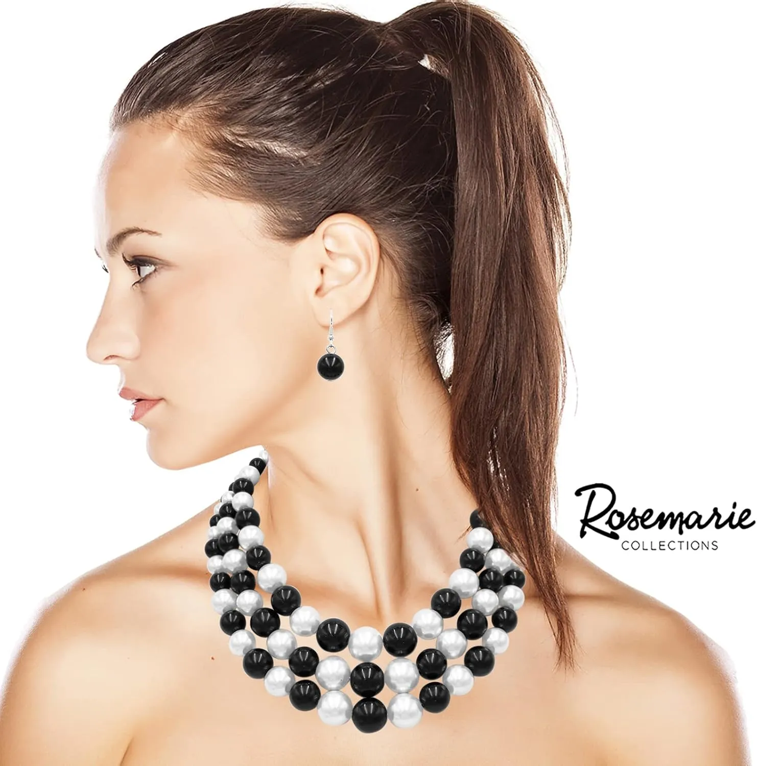 Rosemarie & Jubalee Women's 3 Colorful Multi Strands Simulated Pearl Necklace And Earrings Jewelry Gift Set, 18" 3" Extender