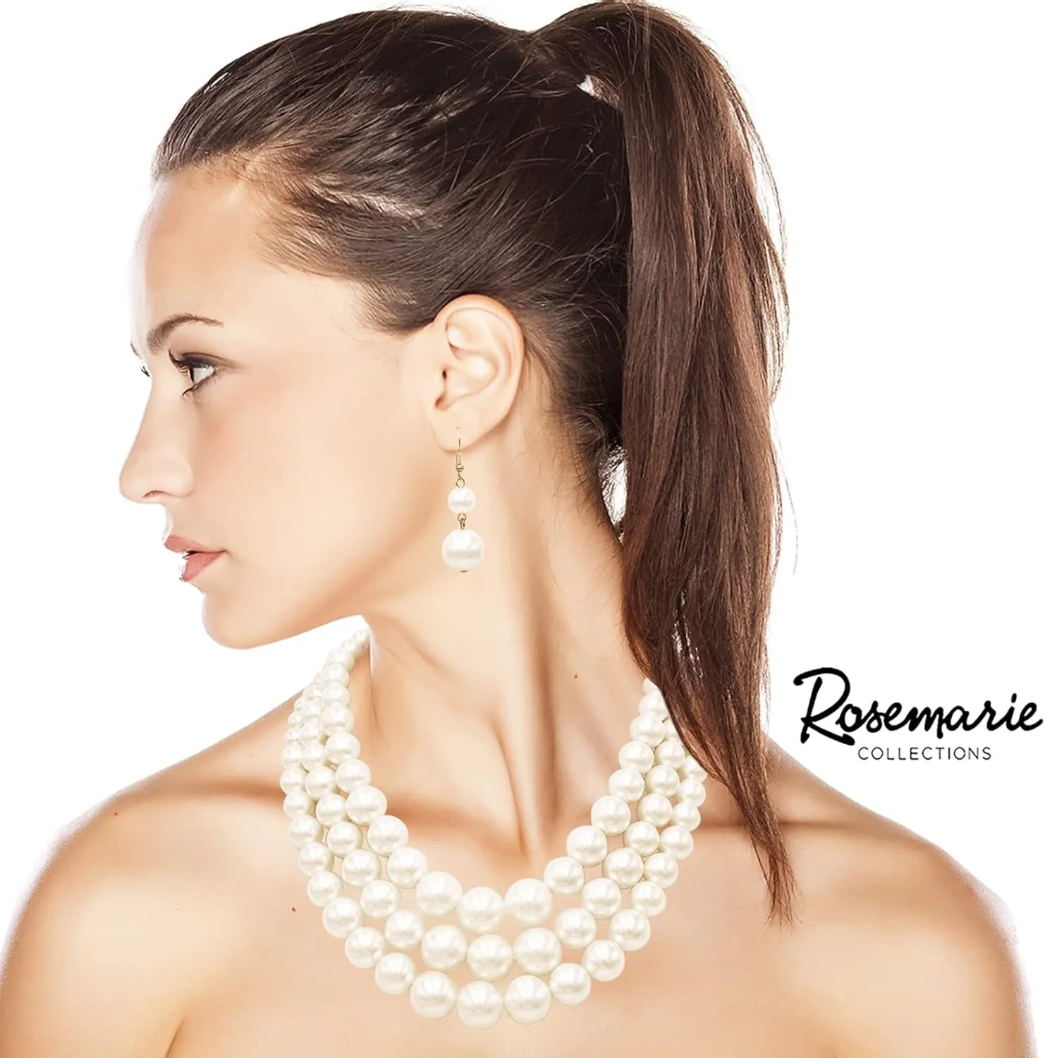 Rosemarie & Jubalee Women's 3 Colorful Multi Strands Simulated Pearl Necklace And Earrings Jewelry Gift Set, 18" 3" Extender