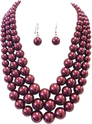 Rosemarie & Jubalee Women's 3 Colorful Multi Strands Simulated Pearl Necklace And Earrings Jewelry Gift Set, 18" 3" Extender