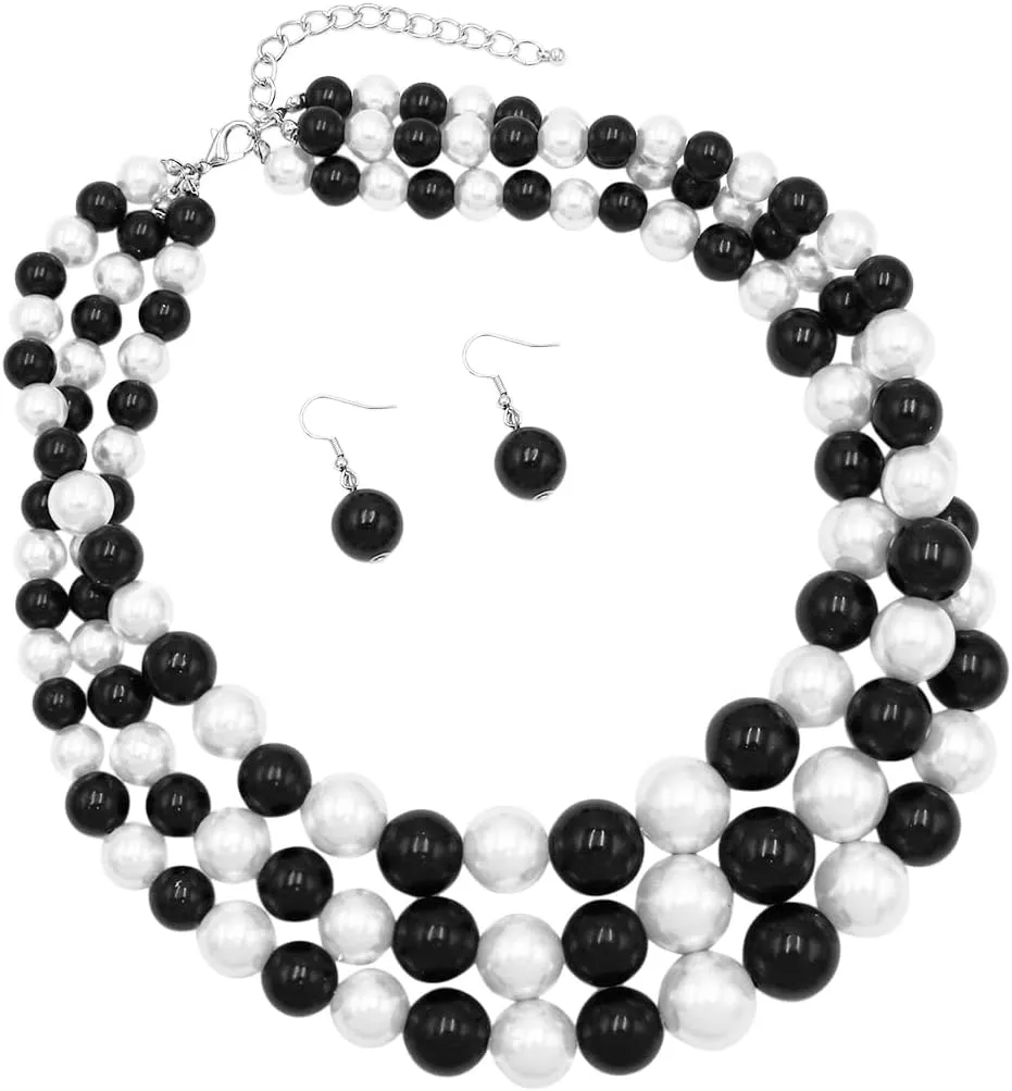 Rosemarie & Jubalee Women's 3 Colorful Multi Strands Simulated Pearl Necklace And Earrings Jewelry Gift Set, 18" 3" Extender