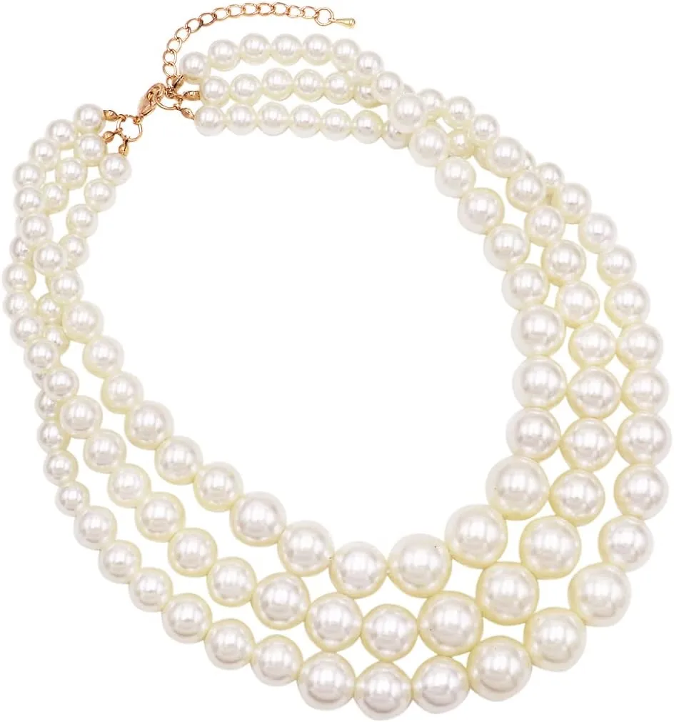 Rosemarie & Jubalee Women's 3 Colorful Multi Strands Simulated Pearl Necklace And Earrings Jewelry Gift Set, 18" 3" Extender