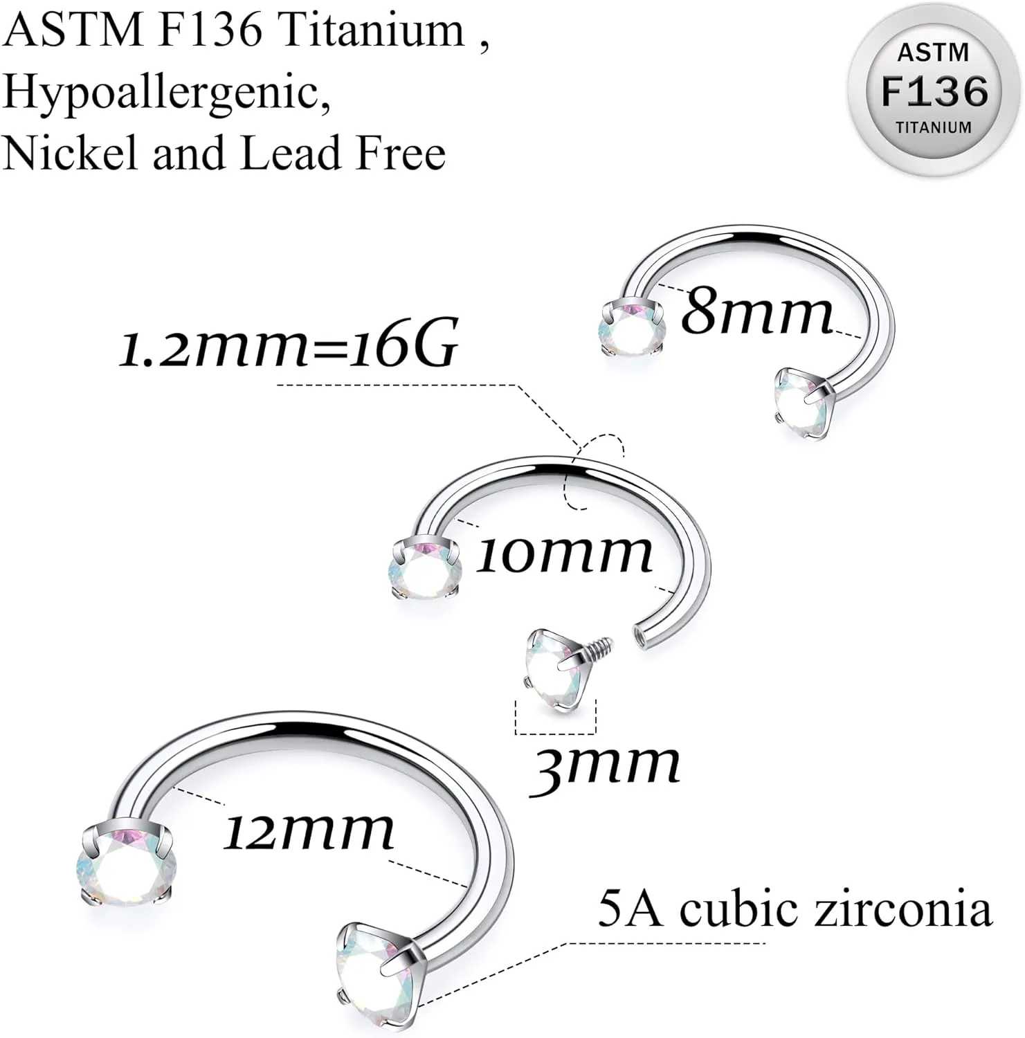 Ruifan ASTM F136 Titanium Horseshoe Nose Ring 16G Cubic Zircon Septum Rings Piercing Jewelry Internally Threaded Cartilage Conch Helix Rook Tragus Lip Earring Hoop Eyebrow For Women Men 8mm 10mm 12mm