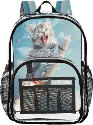 Scared Cat Rocket Blue Kids Travel Backpack, Large Clear Bag, School Bags for Girls