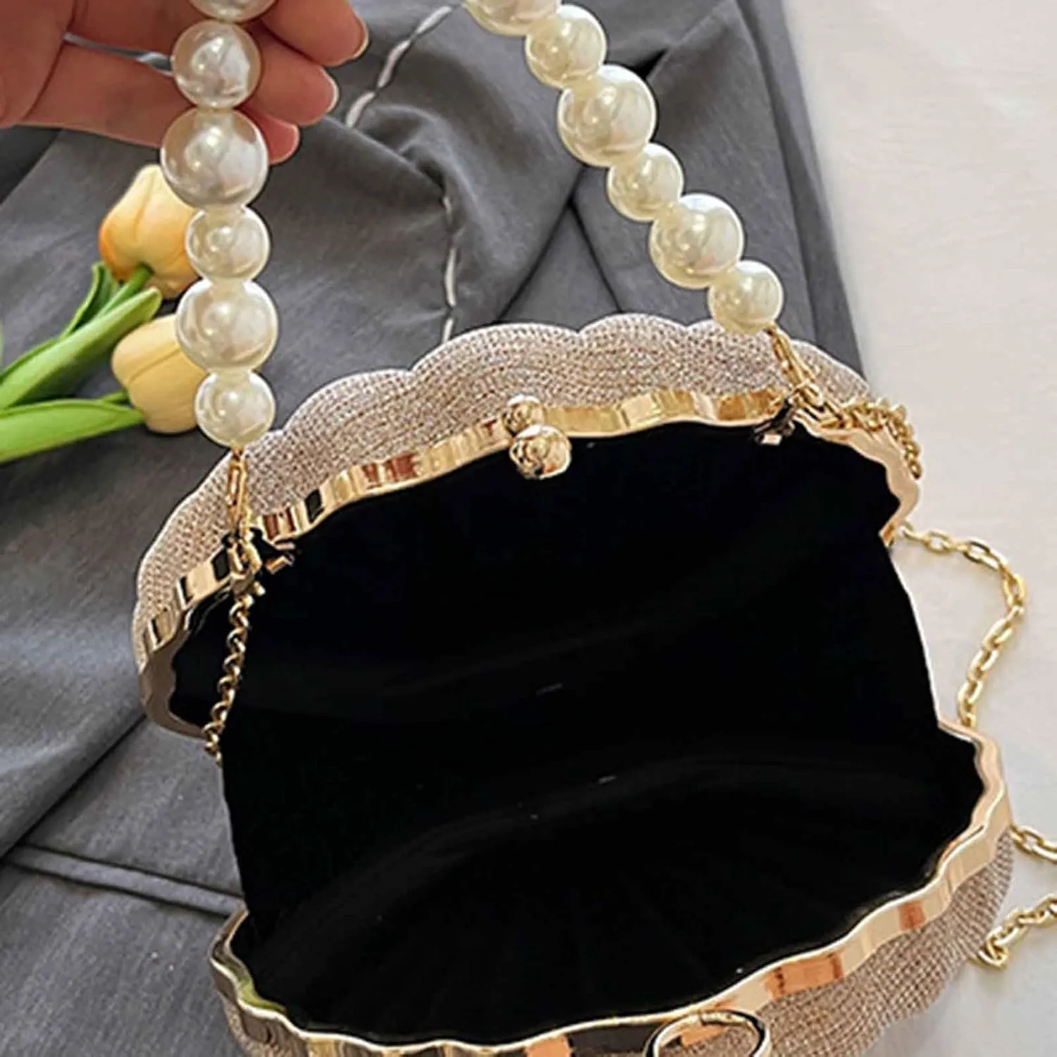 Sequin Small Bag Women's Bag New Simple Crossbody Bags Korean Pearl Chain Shoulder Bag Mens Purses Or (Gold, One Size)