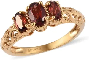 SHOP LC DELIVERING JOY 3 Stone Garnet Ring for Women in 14K Gold Plated 925 Sterling Silver - January Birthstone Promise Engagement Vintage Red Garnet Jewelry Birthday Gifts