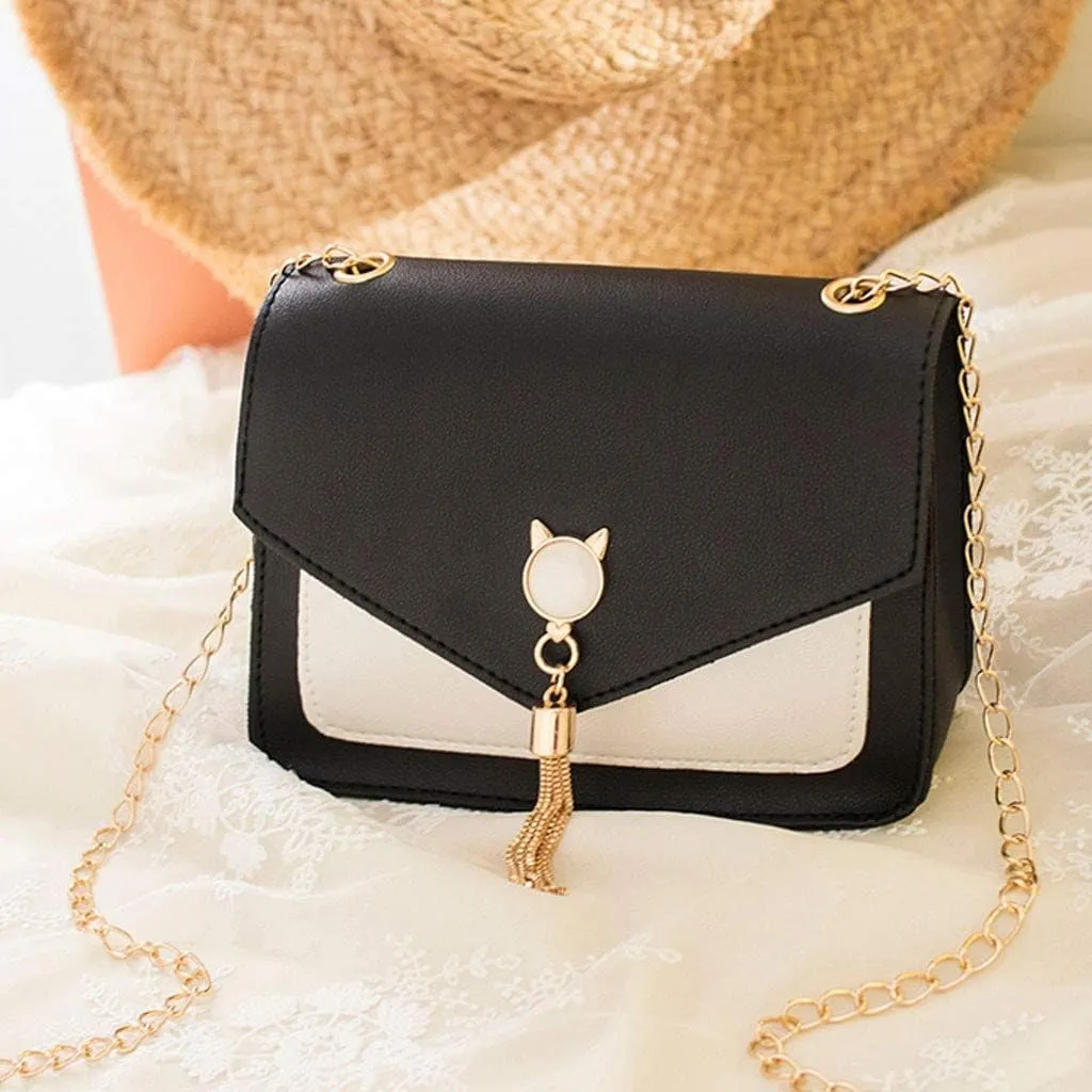 Shoulder Bag Messenger Cover Small Phone Bag Women Fringe Mobile Cat Bags Shoulder Bags for School (Black, One Size)