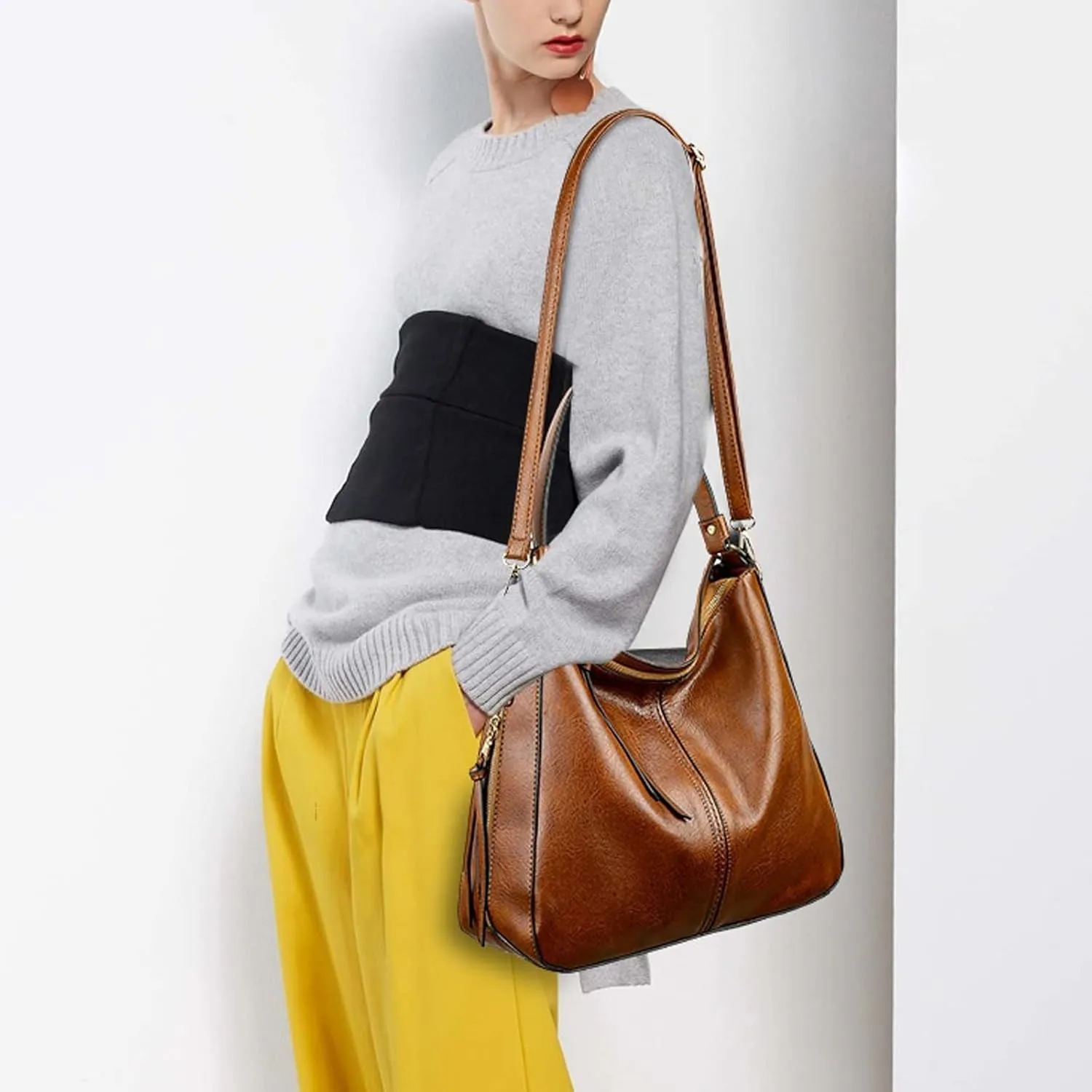 Shoulder Bags Leather Women Handbags Hobo BagFemale Leisure Shoulder Bags Purses Vintage Large Capacity Tote Bag(Brown)