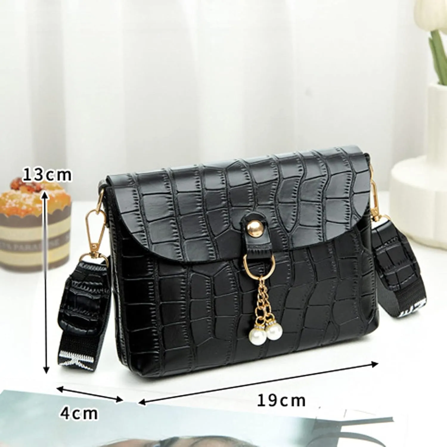 Shoulder Purses Leather Solid Color Pearl Decoration Hasp Phone Bag Shoulder Bag Messenger