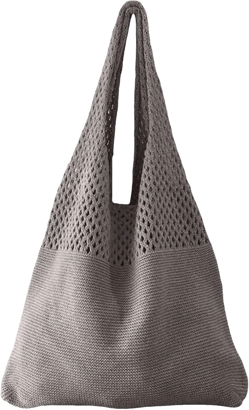 Simple Retro Hollow Crochet Bags Large Capacity Shopping Bags Women's Woven Shoulder Bag Leather Shoulder Bag (One Size)