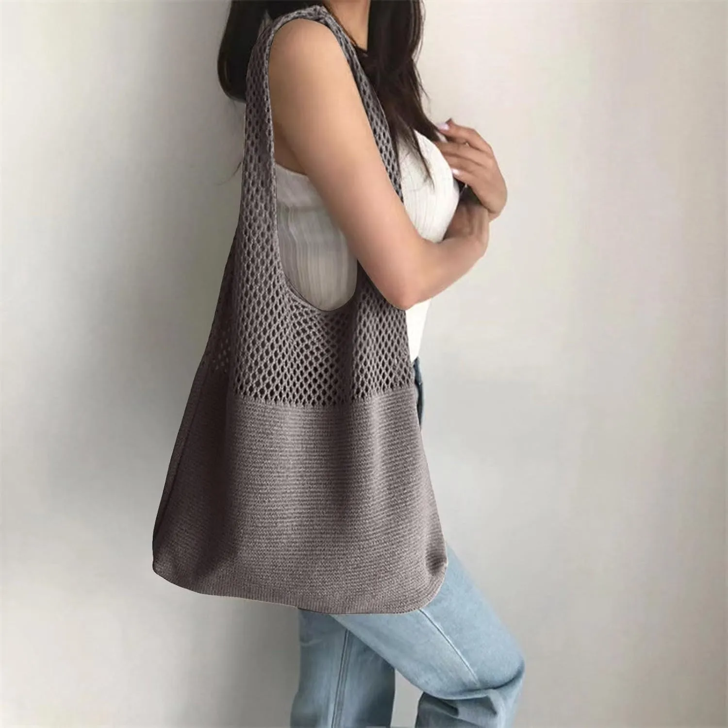 Simple Retro Hollow Crochet Bags Large Capacity Shopping Bags Women's Woven Shoulder Bag Leather Shoulder Bag (One Size)
